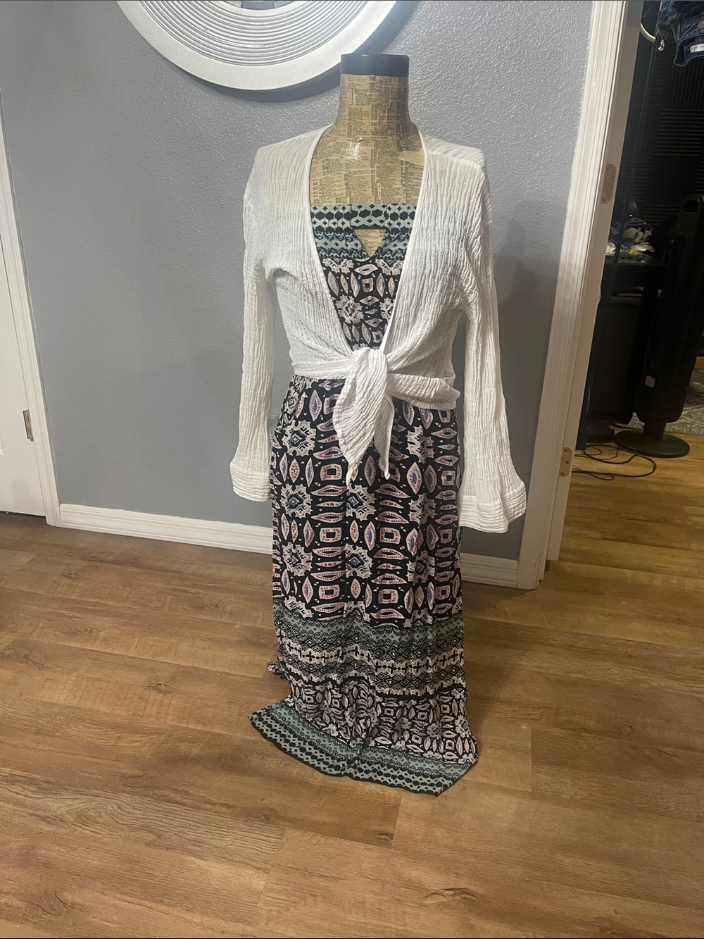 Angie Strapless Maxi Dress with White Tie Cardigan - Black, Pink, Teal Pattern